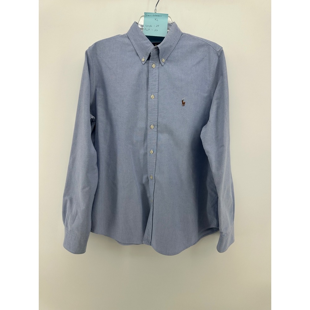 Ralph Lauren Womens XL Custom Fit Blue Oxford Button Down Shirt Cotton Top